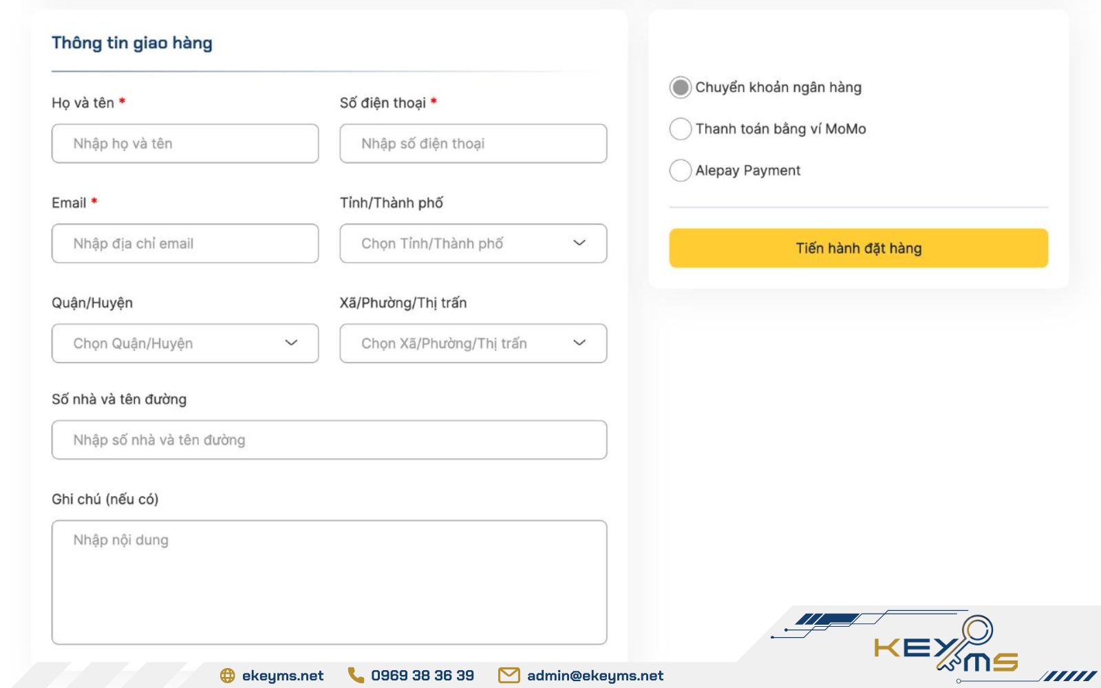 Điền đúng thông tin theo yêu cầu để hoàn tất giao dịch tại Ekeyms