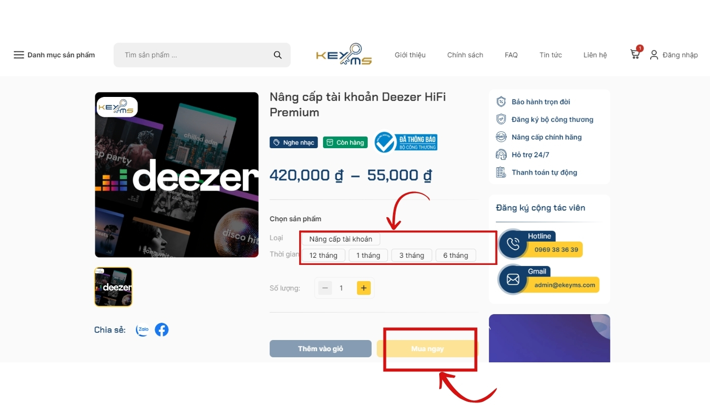 Các bước mua gói Premium Deezer giá rẻ tại Ekeyms