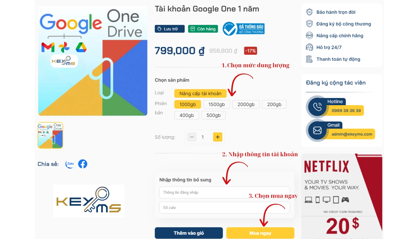 Các bước mua tài khoản Google One tại Ekeyms chi tiết