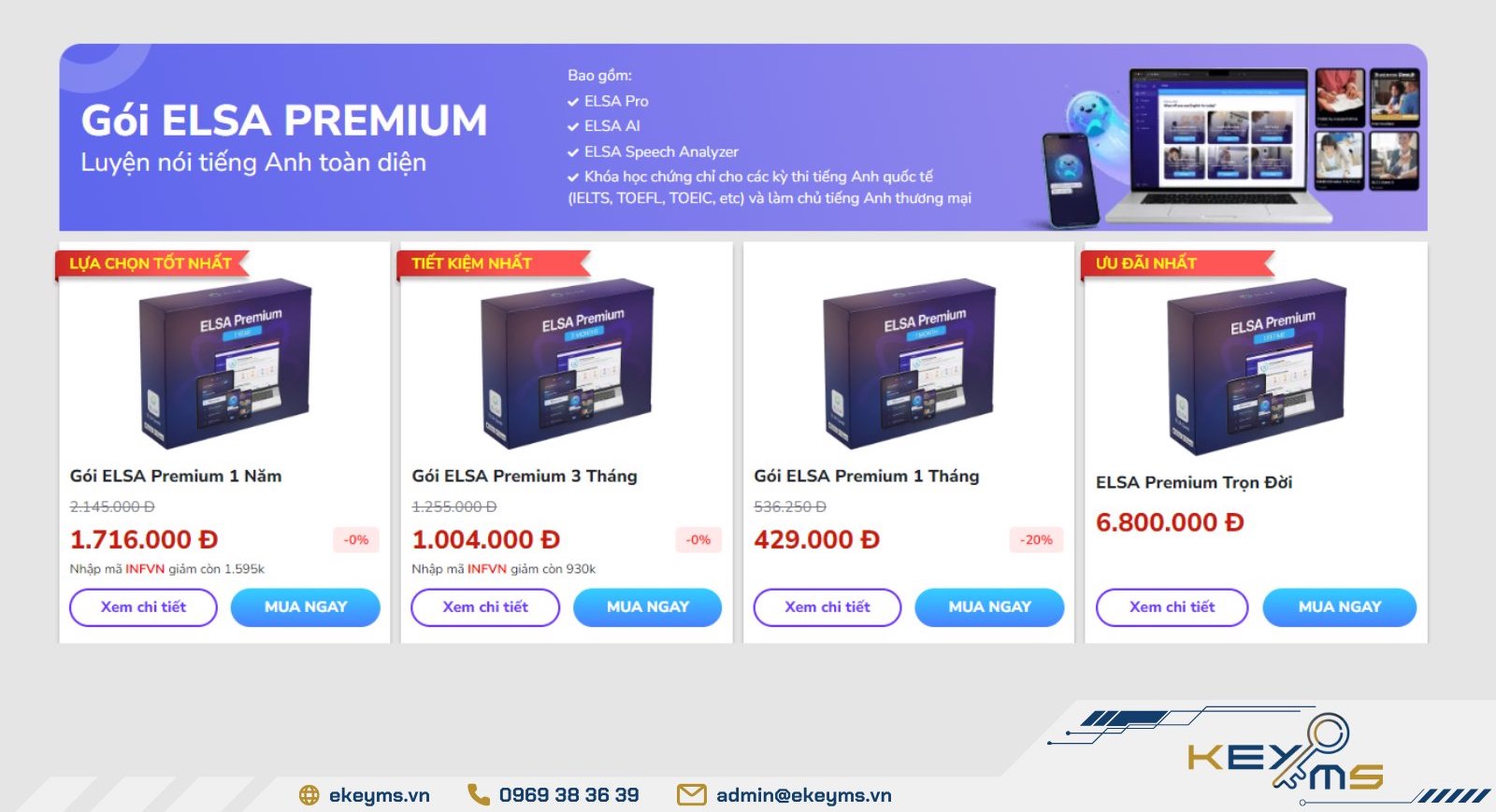 Các gói nâng cấp tài khoản ELSA Speak Premium trên website chính chủ
