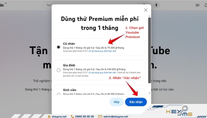 Bước đăng ký tài khoản YouTube Premium trên thiết bị máy tính