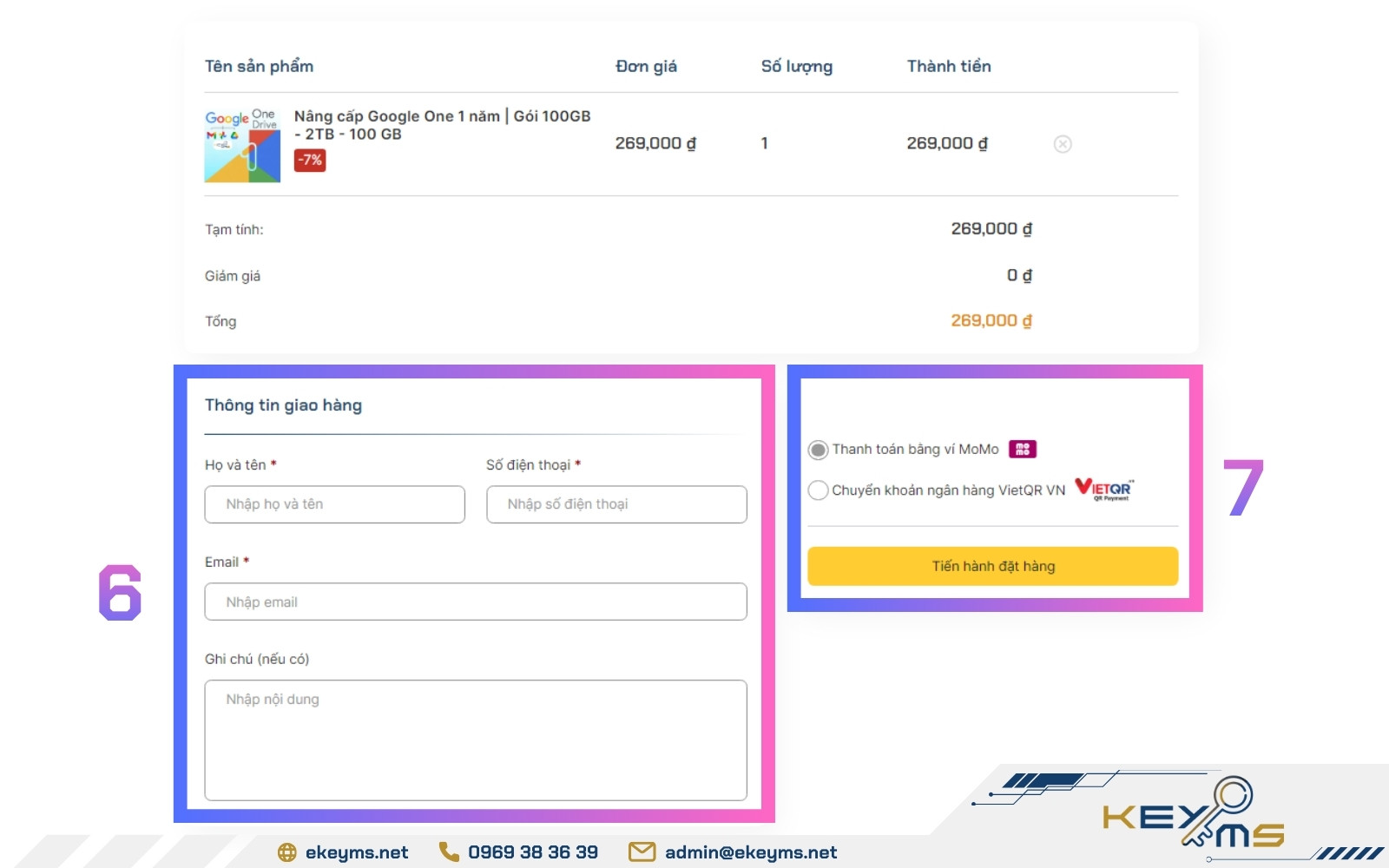 Nhập đầy đủ thông tin và lựa chọn hình thức thanh toán phù hợp