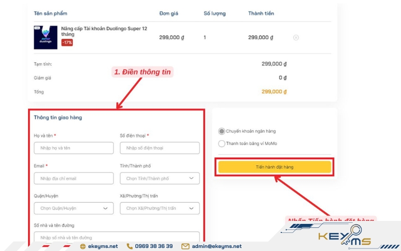 Điền thông tin giao hàng và tiến hành thanh toán