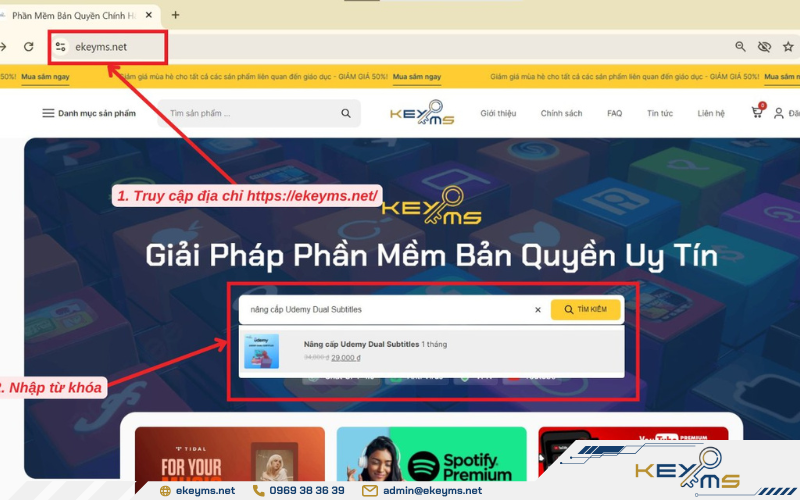 Truy cập vào địa chỉ website của Ekeyms và nhập “nâng cấp Udemy Dual Subtitles” trên thanh công cụ tìm kiếm