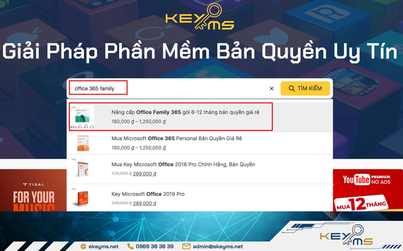 Đăng nhập vào website Ekeyms và tìm kiếm gói ms office family
