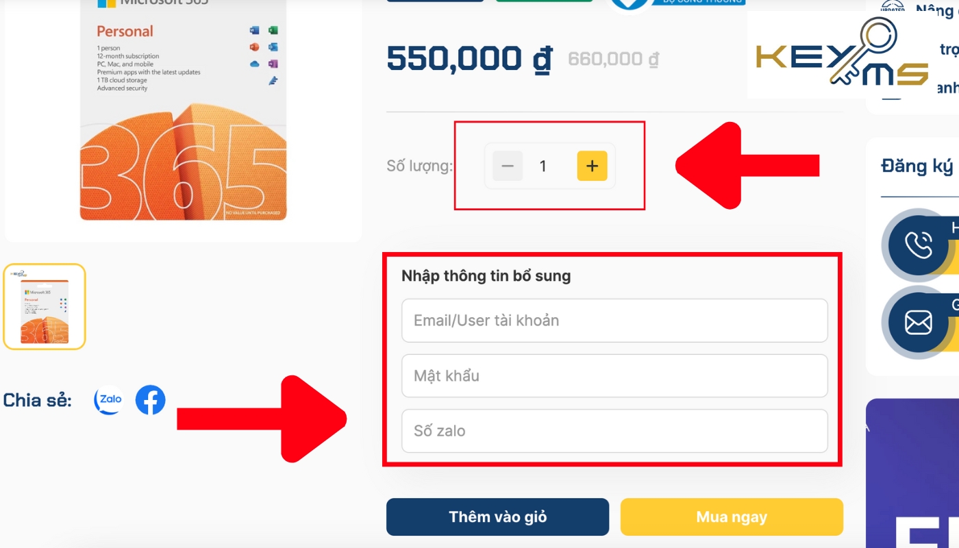 Chọn số lượng và điền thông tin để mua Office 365