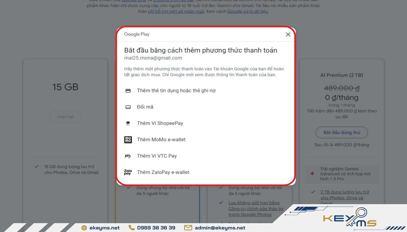 Lựa chọn phương thức thanh toán tại Google One