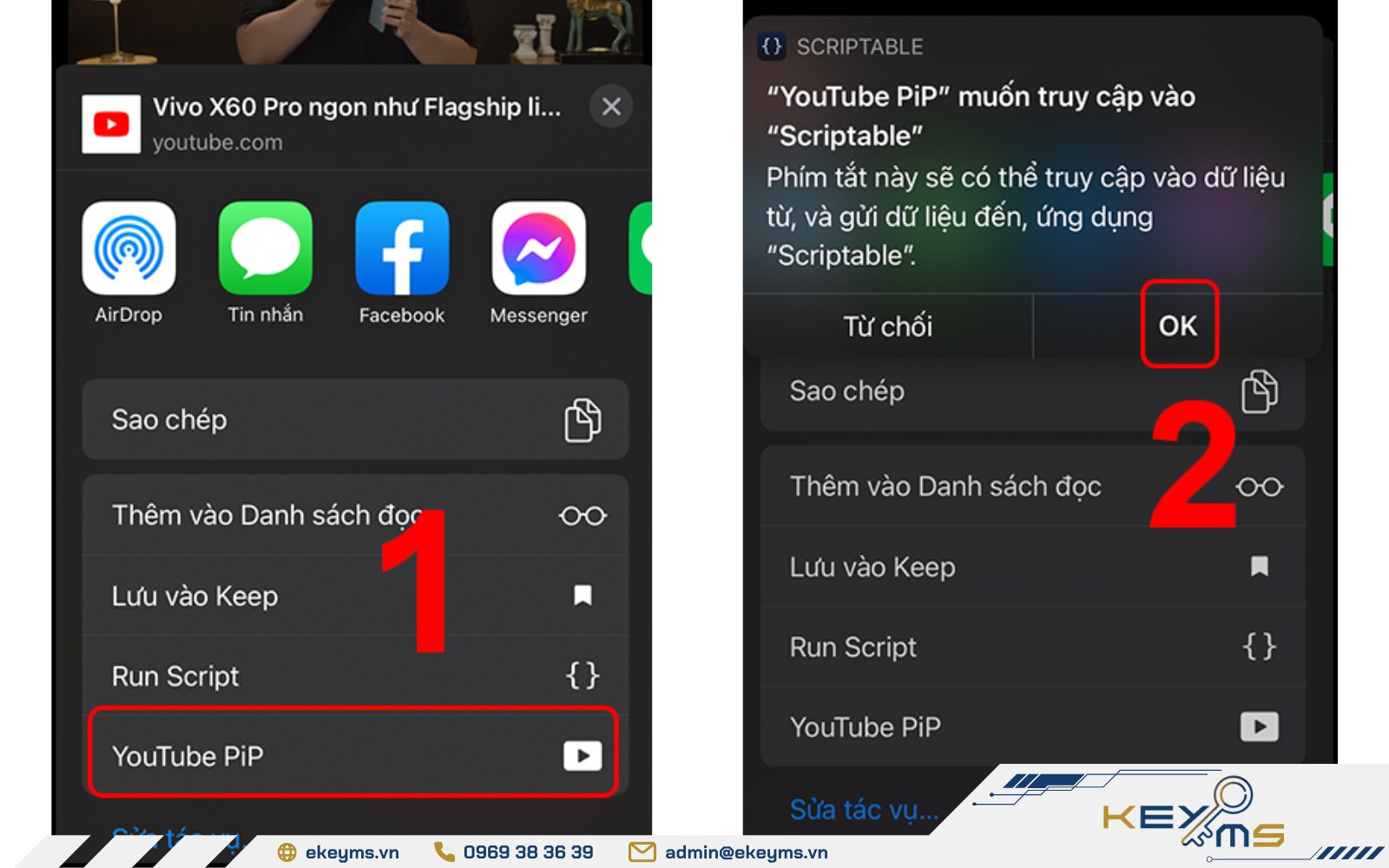 Chọn YouTube PiP, nhấn OK để kích hoạt Scriptable