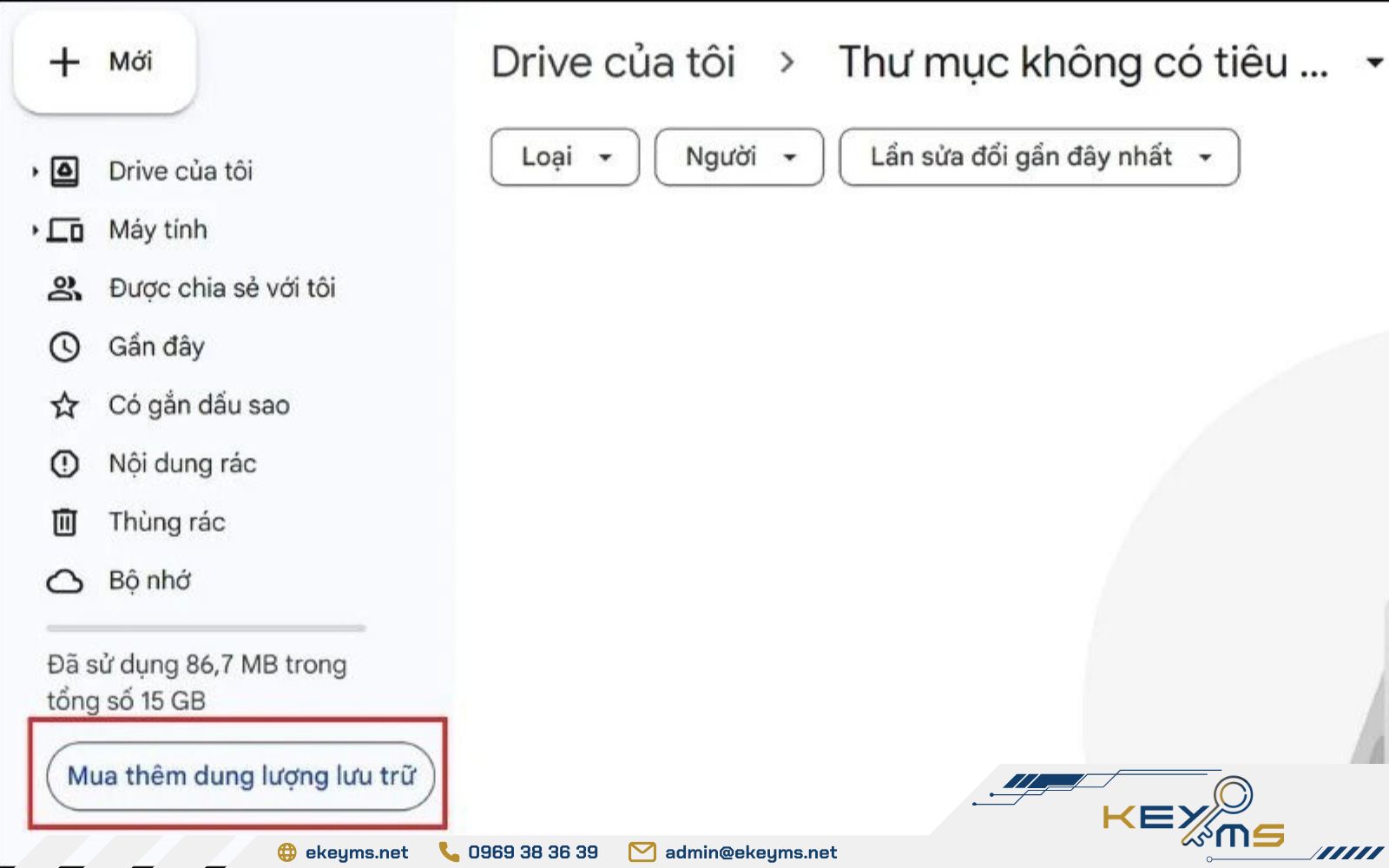 Đăng nhập vào ứng dụng Google Drive sau đó chọn Mua thêm dung lượng lưu trữ