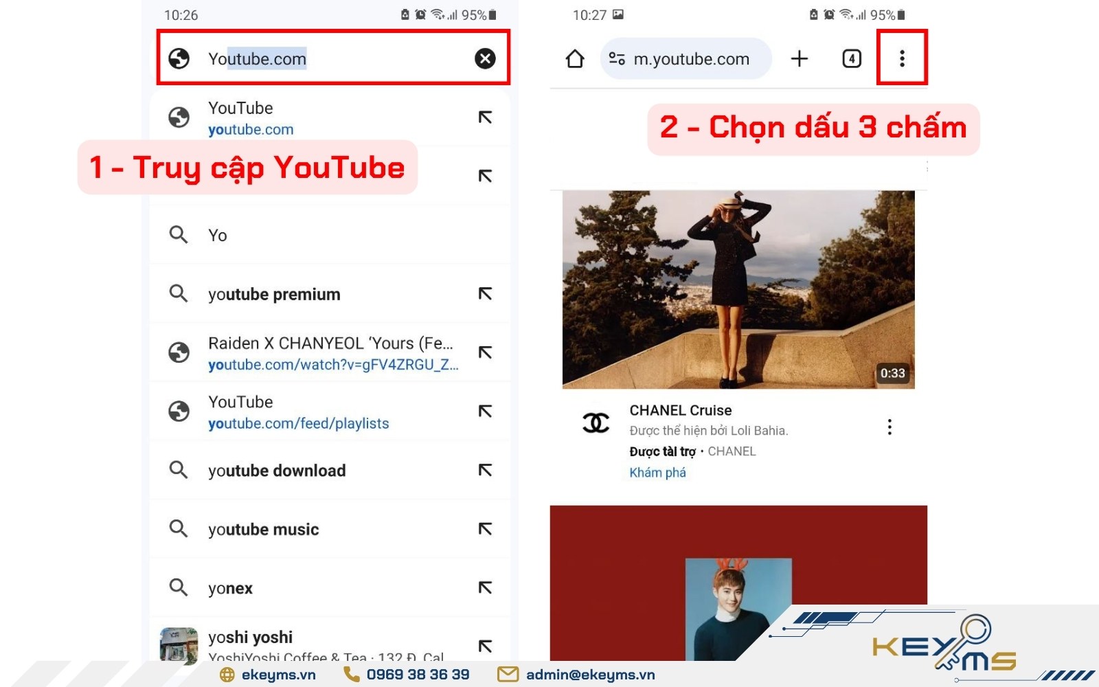 Truy cập YouTube.com trên Chrome, bật chế độ Trang web máy tính