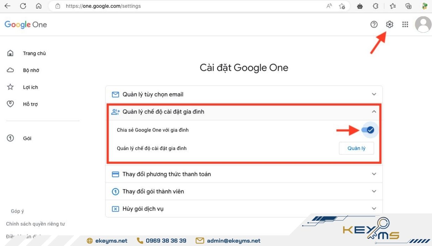 Bật chế độ cho phép chia sẻ Google One với gia đình trong cài đặt Google