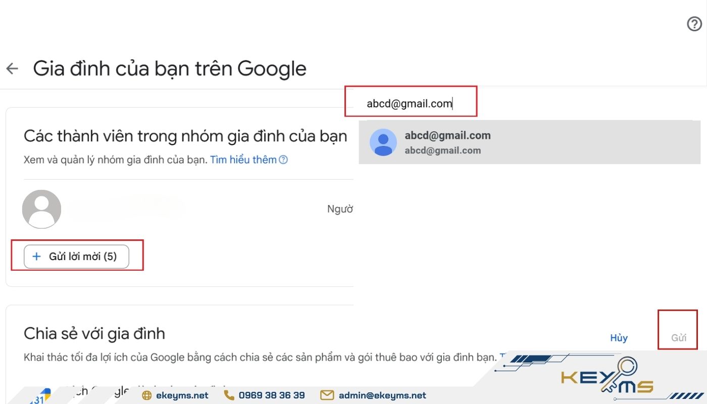 Thêm địa chỉ email bạn muốn mời tham gia tại trang quản lý Google One Family