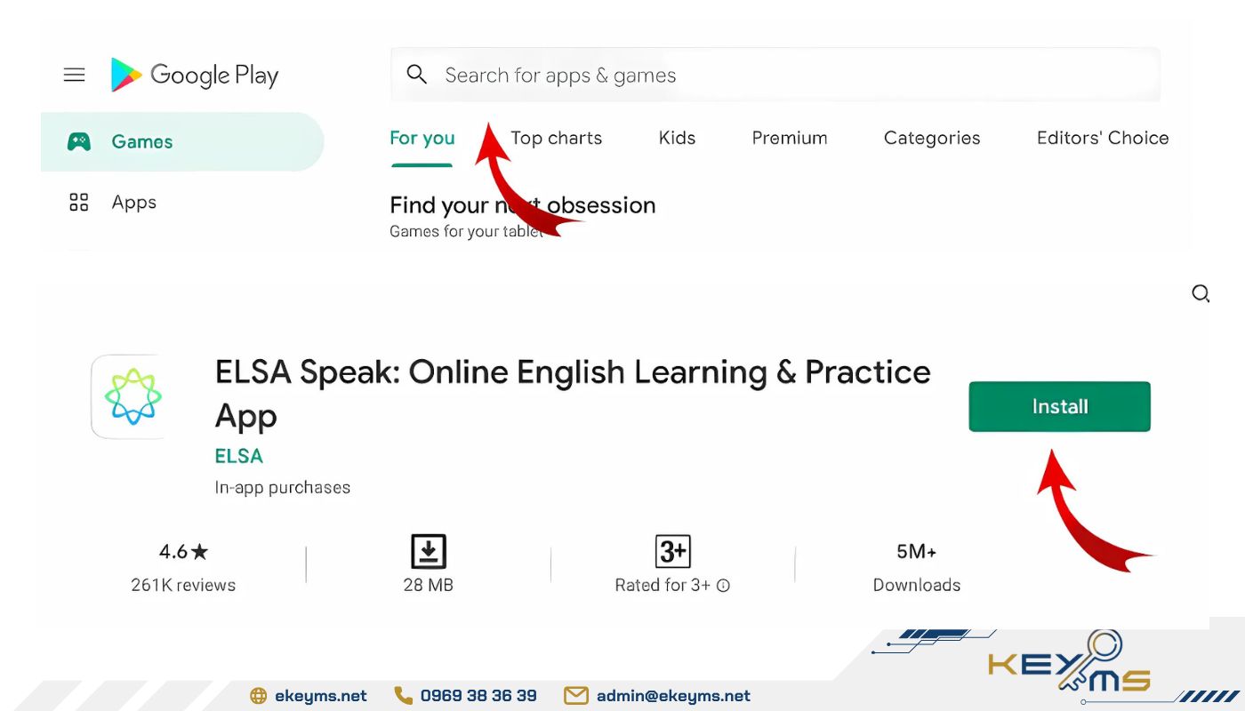 Nhập từ khóa “ELSA Speak” vào Play Store và cài đặt bằng cách nhấn Install