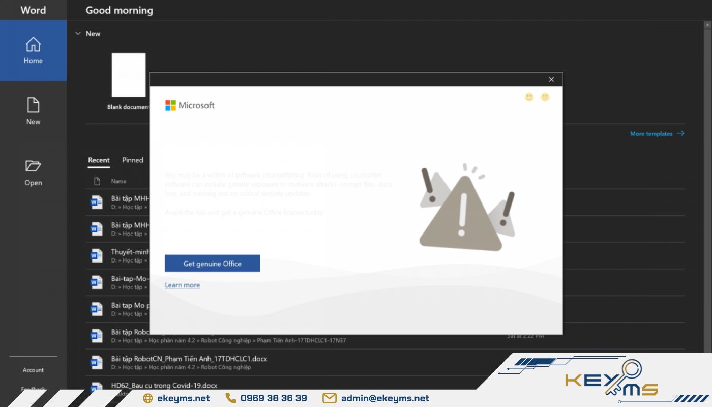 Lỗi Get Genuine Office hiển thị khi người dùng cài đặt phần mềm Microsoft Office crack
