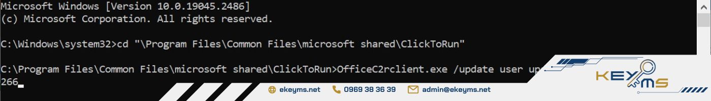 Dán mã code “OfficeC2rclient.exe /update user updatetoversion=16.0.13801.20266 vào Command Prompt