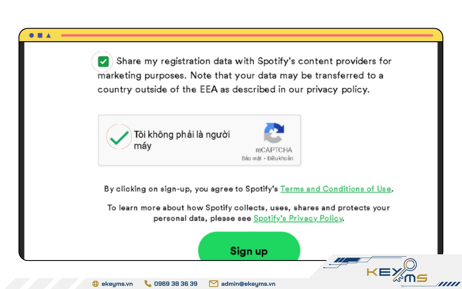Đồng ý các điều khoản để hoàn tất đăng ký Spotify