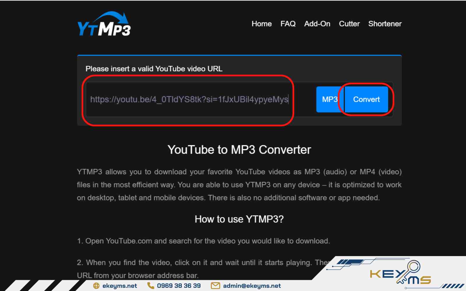 Dán link liên kết YouTube vào website https://ytmp3s.nu/
