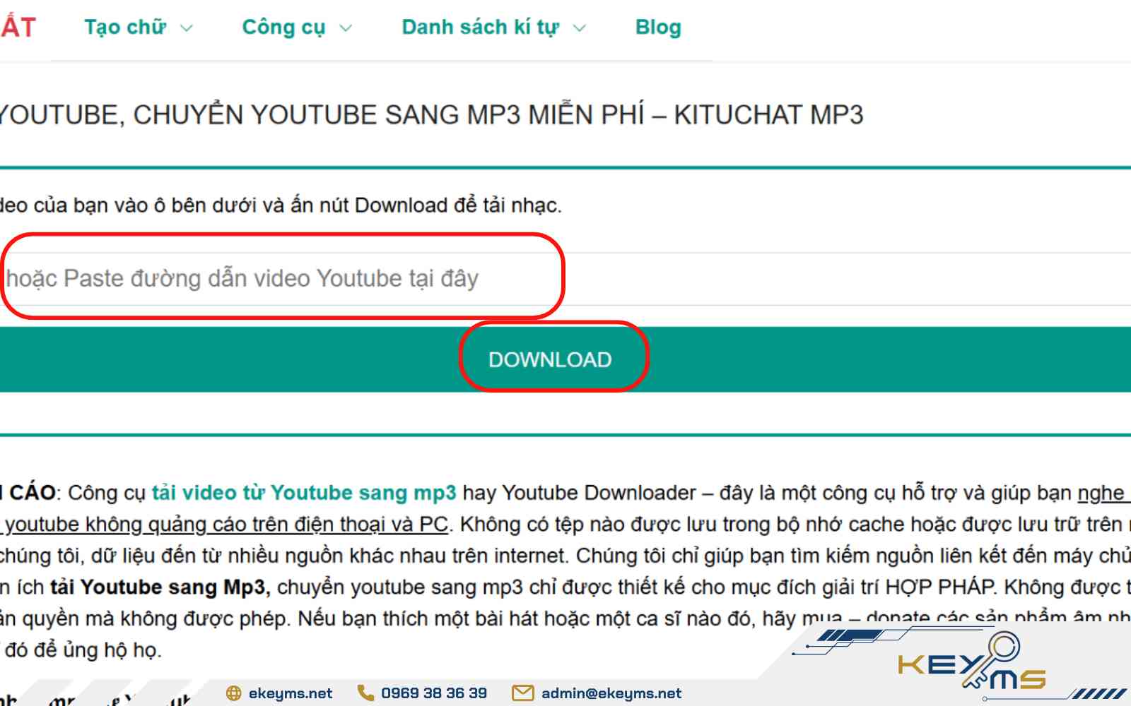 Dán đường link YouTube vào website kituchat.net và nhấn “Download”