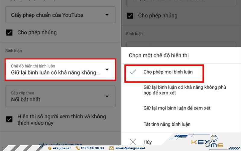 Bật tính năng bình luận của YouTube bằng cách chọn Cho phép tất cả bình luận