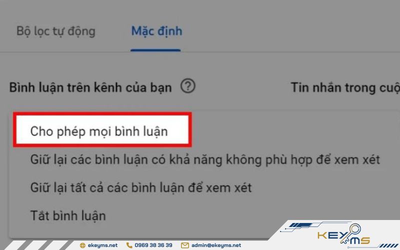 Nhấn chọn Cho phép mọi bình luận để thực hiện cách bật bình luận trên YouTube
