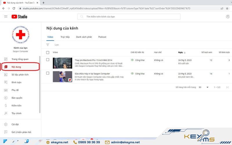 Chọn video cần mở tính năng bình luận trên YouTube trong mục Nội dung