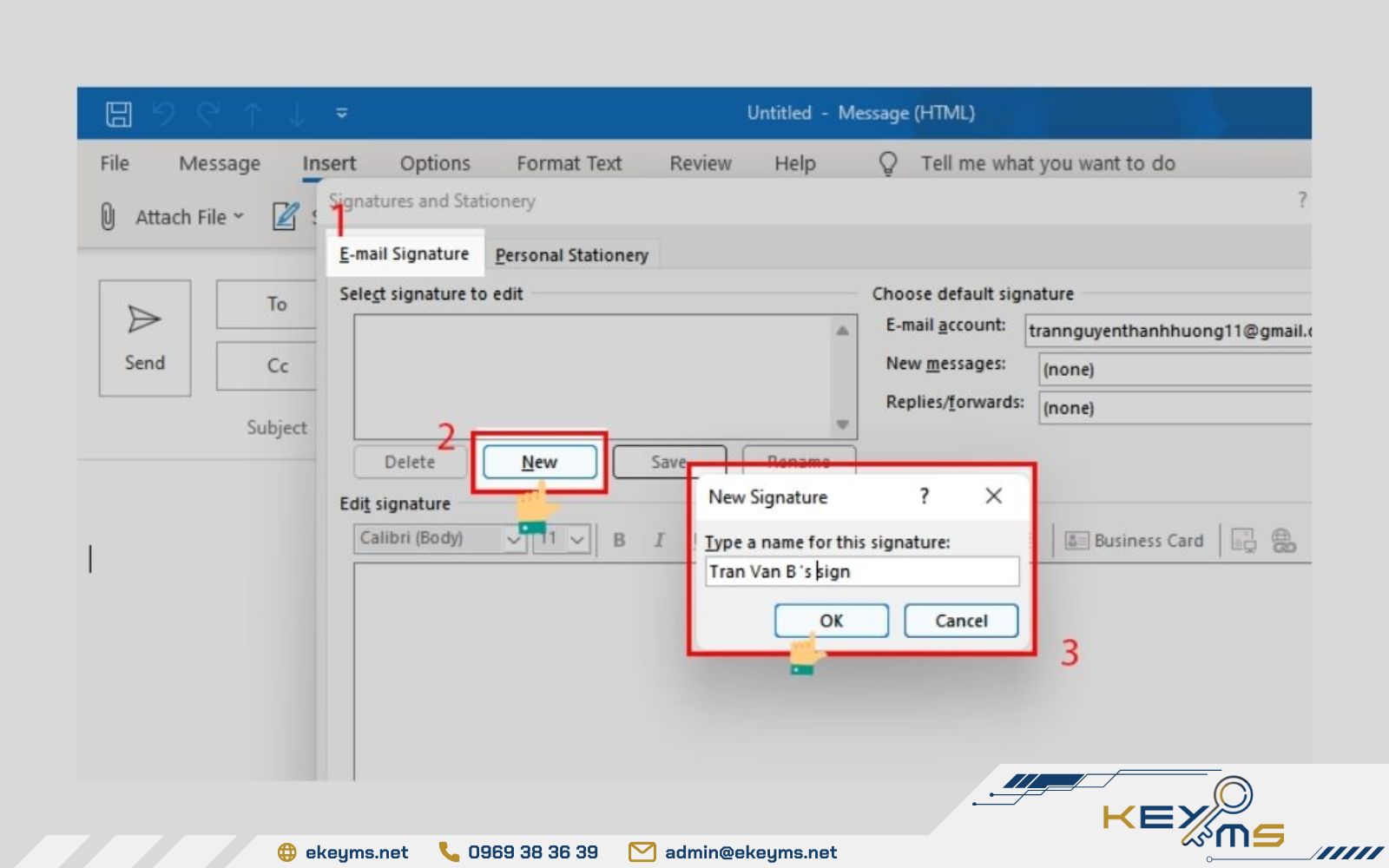 Tạo chữ ký Outlook và nhấn nút Ok để lưu