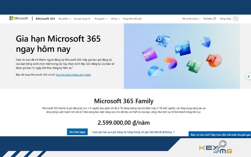 Truy cập vào web chính thưc của Microsoft để gia hạn
