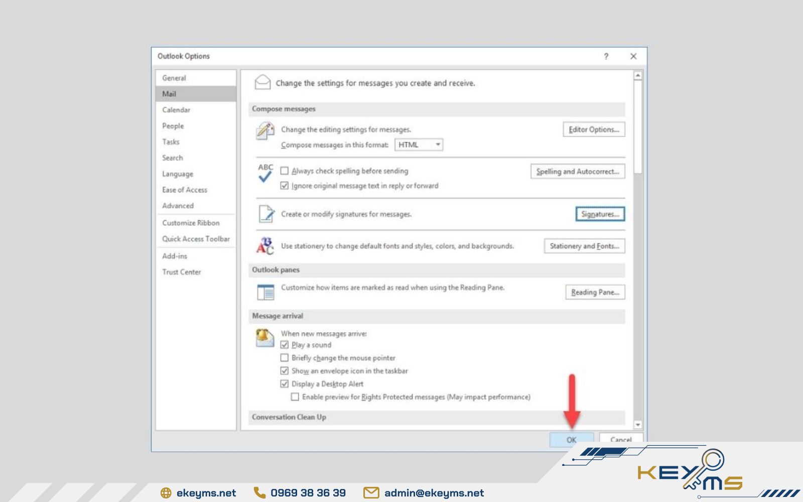 Nhấn OK để lưu những thay đổi chữ ký Outlook vừa chỉnh sửa