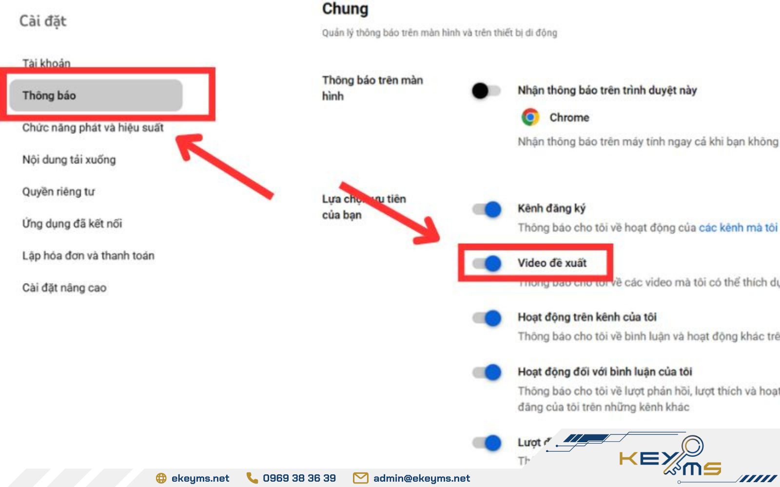 Trong mục "Thông báo", tiến hành Tắt gợi ý cuối video YouTube trên PC bằng cách chuyển chế độ đề xuất về OFF