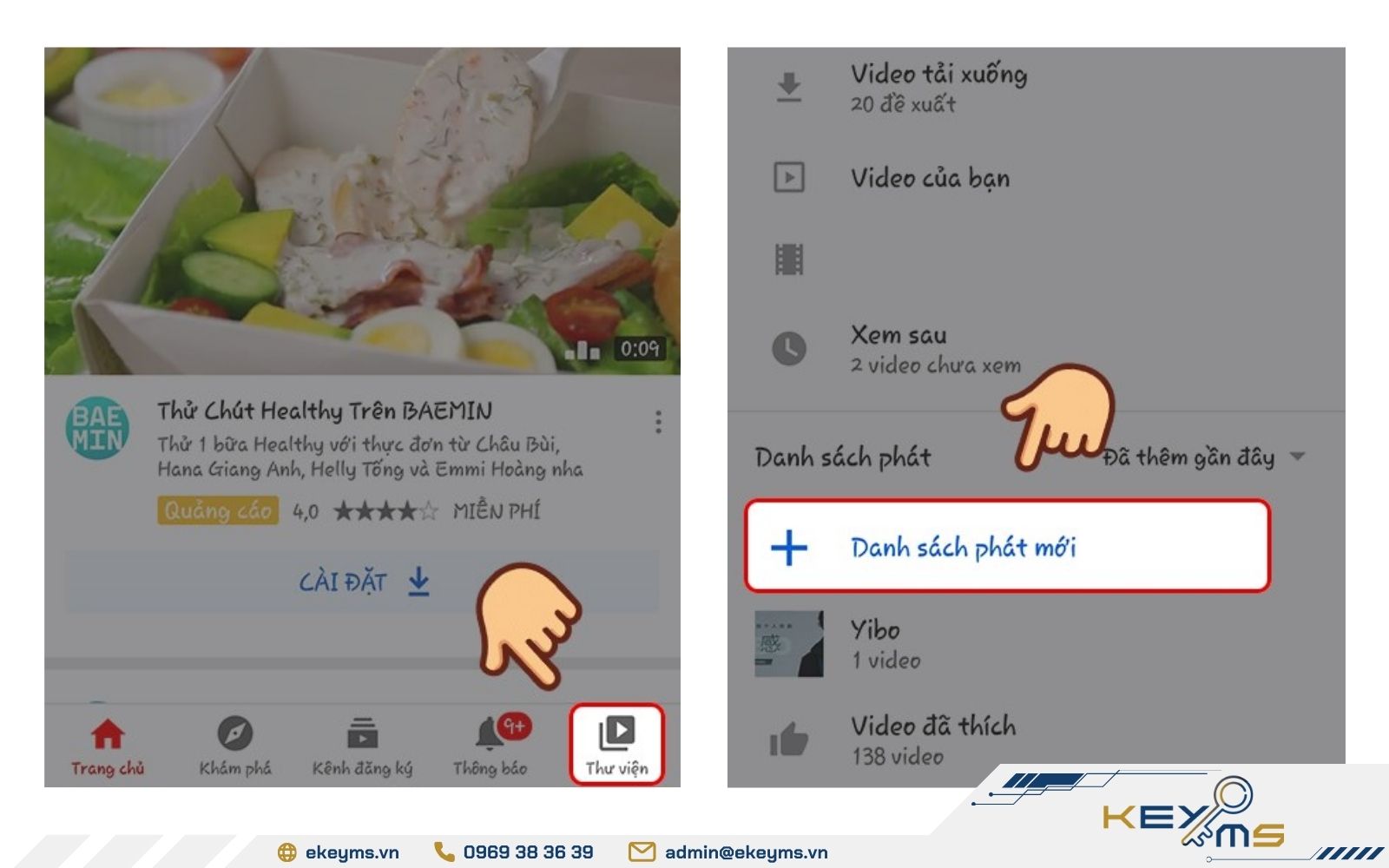 Cách tạo danh sách phát nhạc trên YouTube qua thẻ thư viện