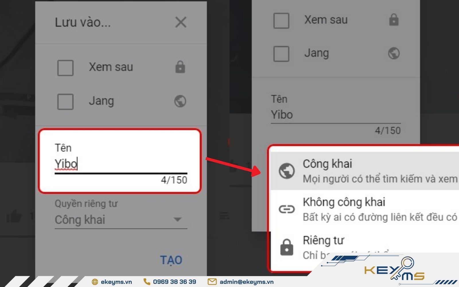 Nhập tên Playlist Youtube và tùy chỉnh Quyền riêng tư