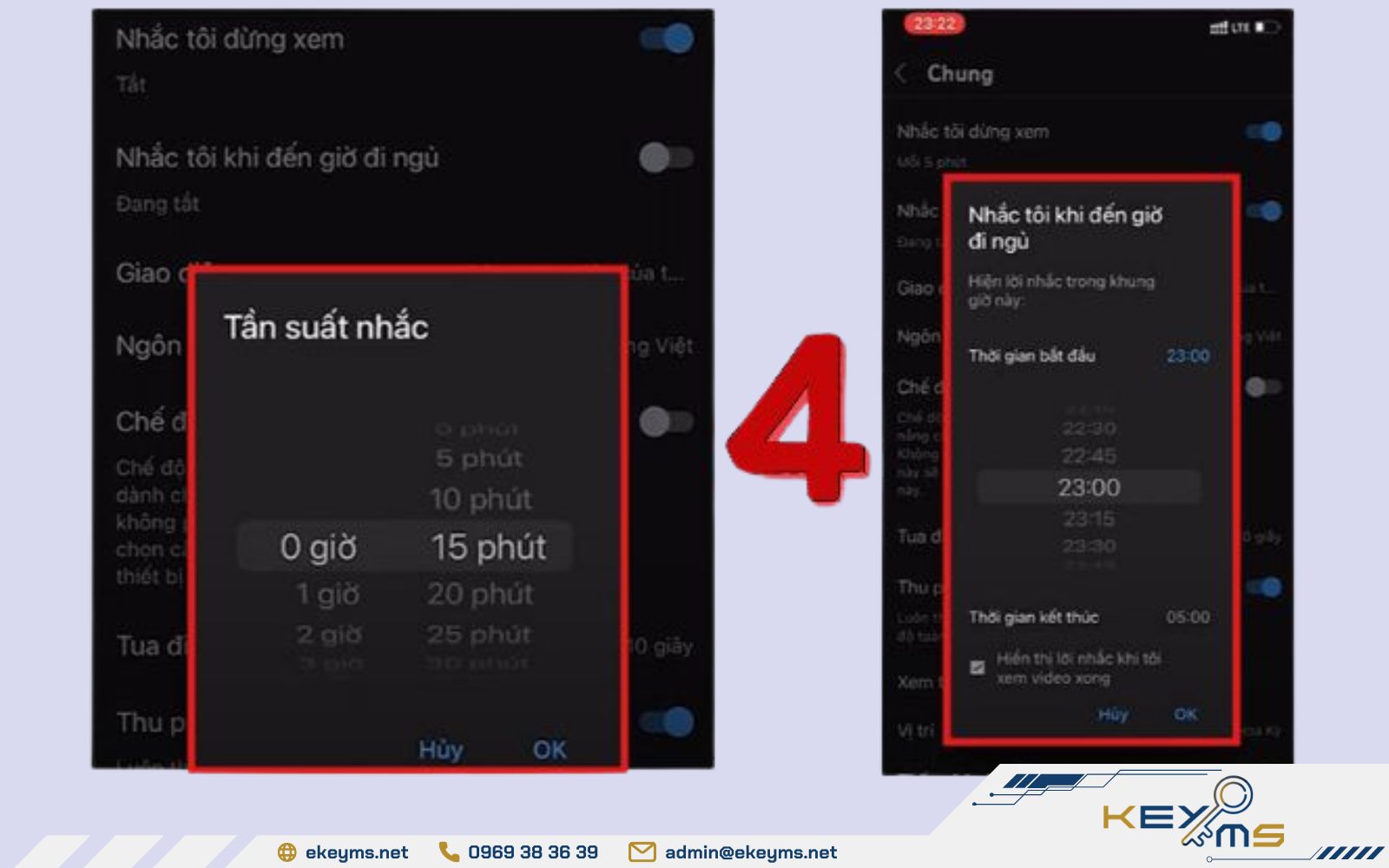 Giao diện khi chọn chế độ "Nhắc tôi dừng xem" và "Nhắc tôi đến giờ ngủ"