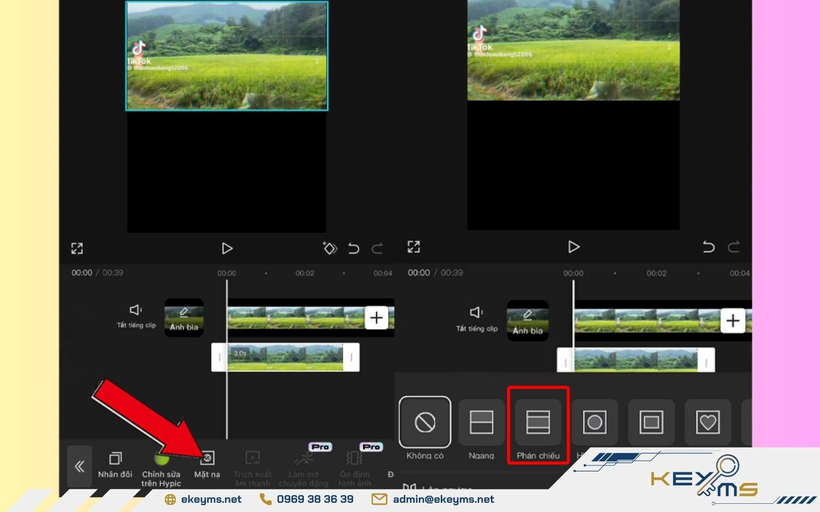 Cách xóa chữ trên video bằng CapCut - Chọn hiệu ứng 'Phản chiếu', sau đó điều chỉnh kích thước ảnh để che kín phần chữ cần xóa