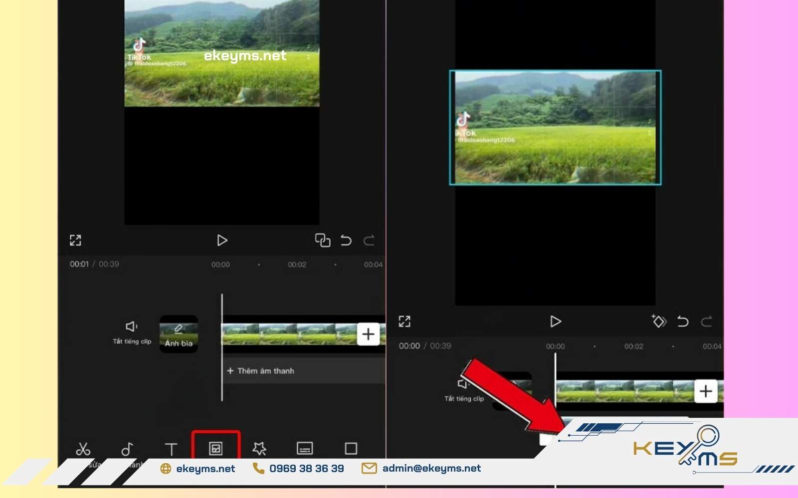 Vào mục 'Lớp phủ', sau đó thêm bức ảnh đã chỉnh sửa vào video gốc