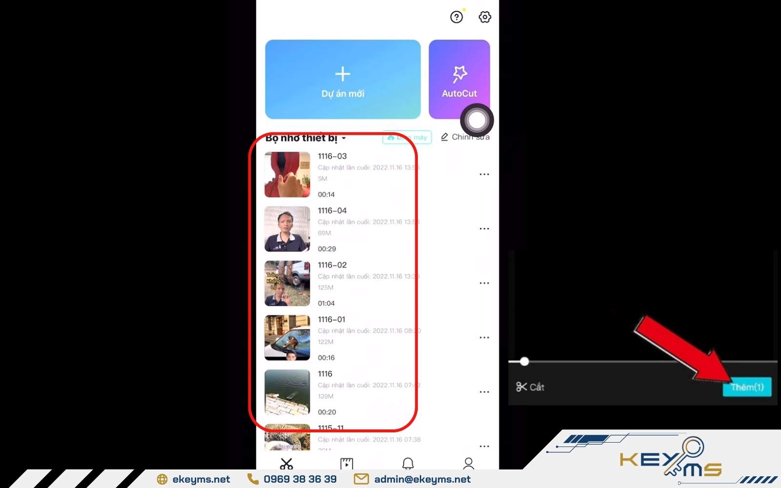 Chọn video cần xóa chữ trong video CapCut, sau đó nhấn 'Thêm' để đưa vào dự án