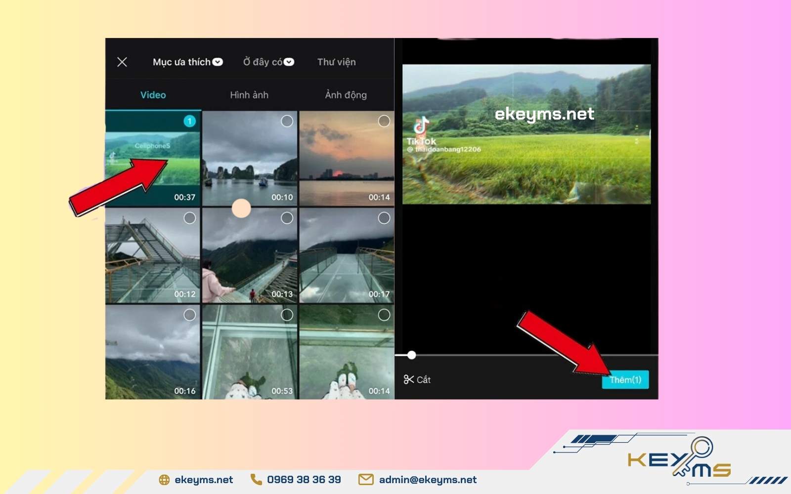 Chọn video chứa chữ cần xóa, sau đó nhấn vào 'Thêm' để chèn vào dự án