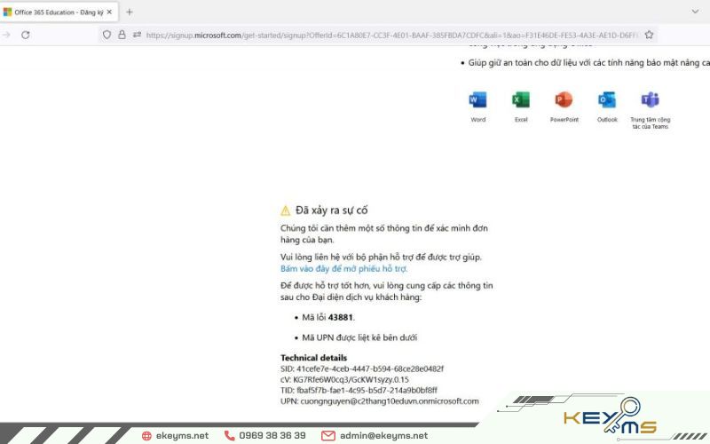 Lỗi đăng ký tài khoản Office 365