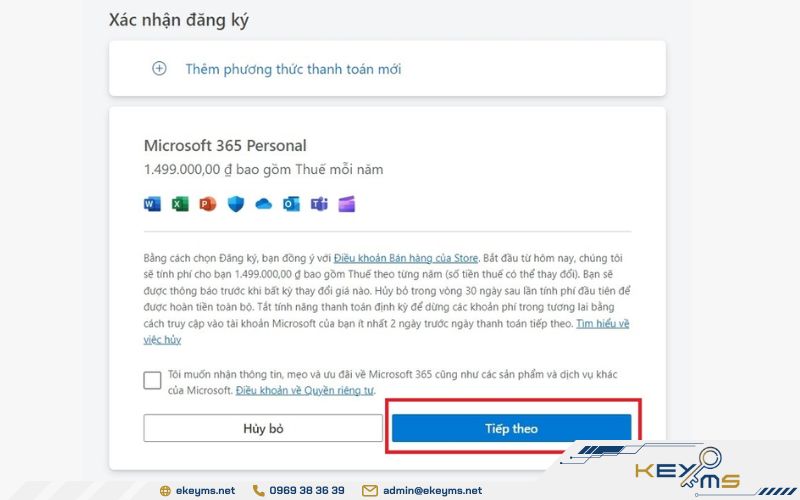 Nhấn nút Tiếp theo để tiếp tục đăng ký