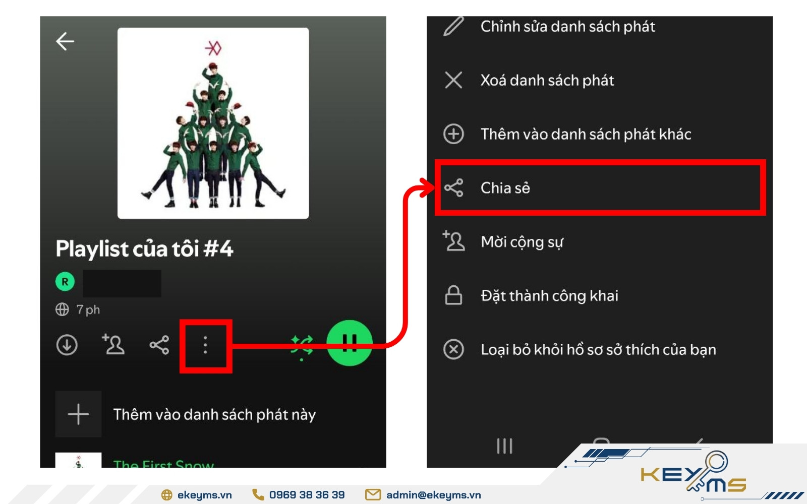 Tùy chọn mục chia sẻ sau khi nhấn dấu ba chấm trên playlist spotify