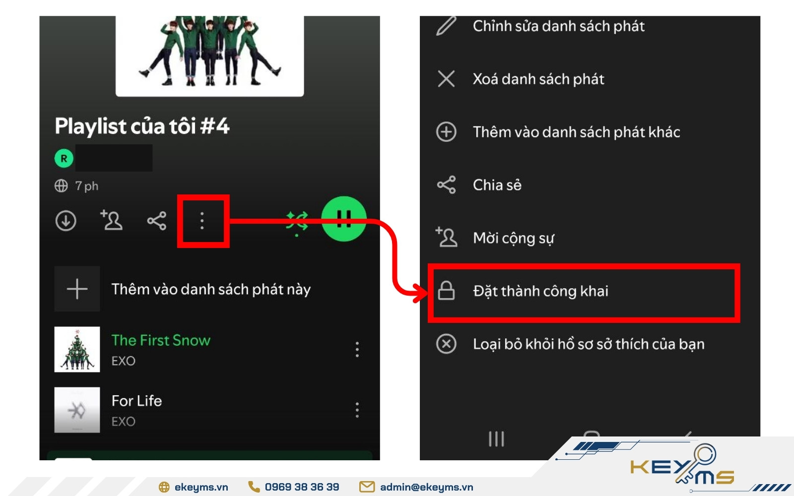 Trong mục chia sẻ, tùy chọn đặt thành công khai playlist