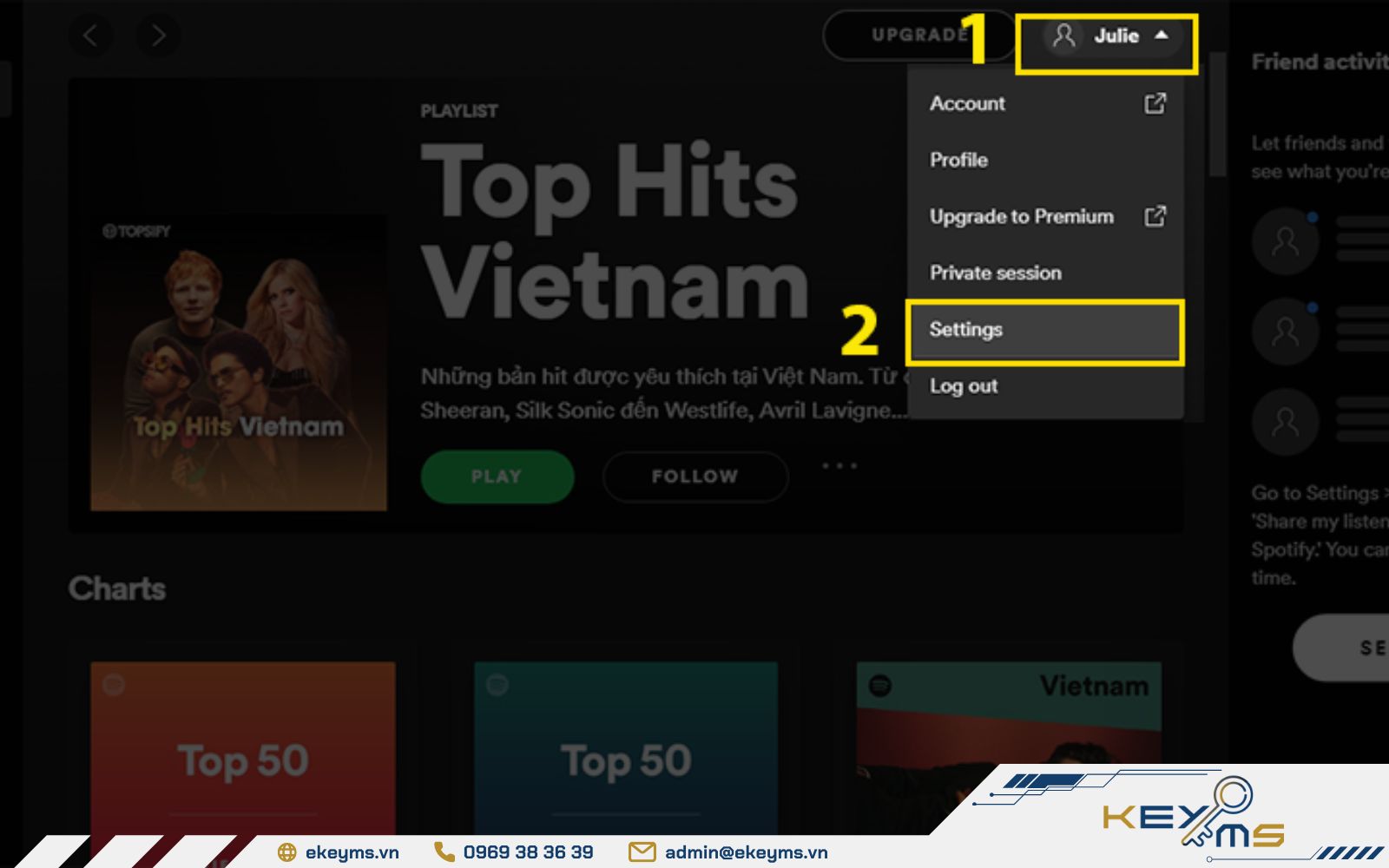 Chọn mục Cài đặt để up nhạc của mình lên Spotify