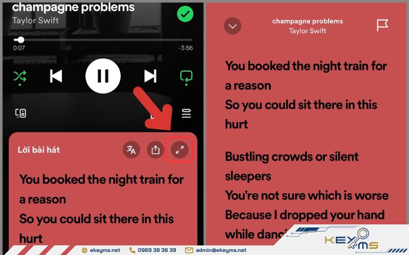 Nhấn nút mở rộng để bật lời bài hát Spotify