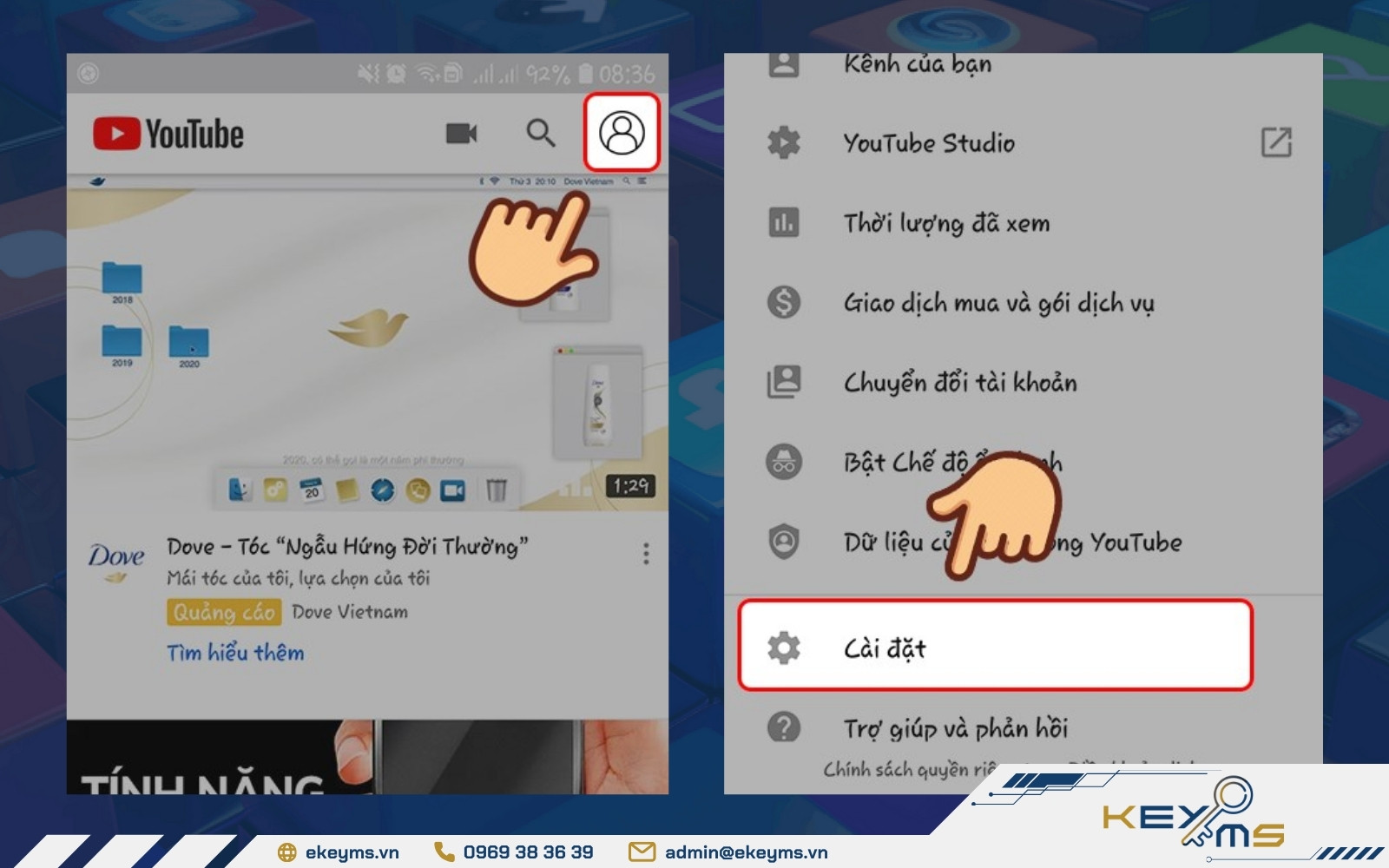 Mở YouTube và chọn avatar tài khoản