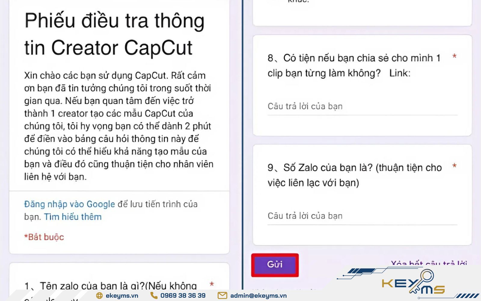 Hoàn thiện thông tin cá nhân đăng ký sử dụng mẫu Capcut, sau đó gửi đi