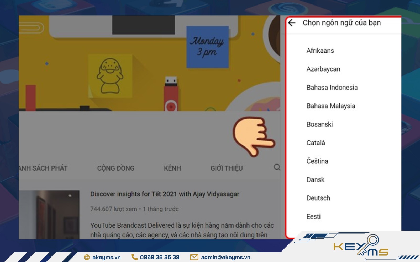Lựa chọn ngôn ngữ muốn đổi trên Youtube