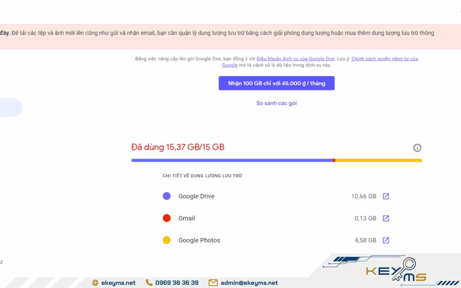 Vào ứng dụng Google One hoặc trang web one.google.com để xem dung lượng gói và mức sử dụng hiện tại