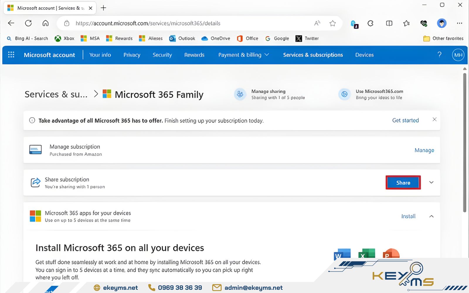 Chọn “Chia sẻ” Microsoft 365 Family và quản lý số lượng người tham gia ở mục này Chọn "Chia sẻ" để kích hoạt Microsoft 365 Family