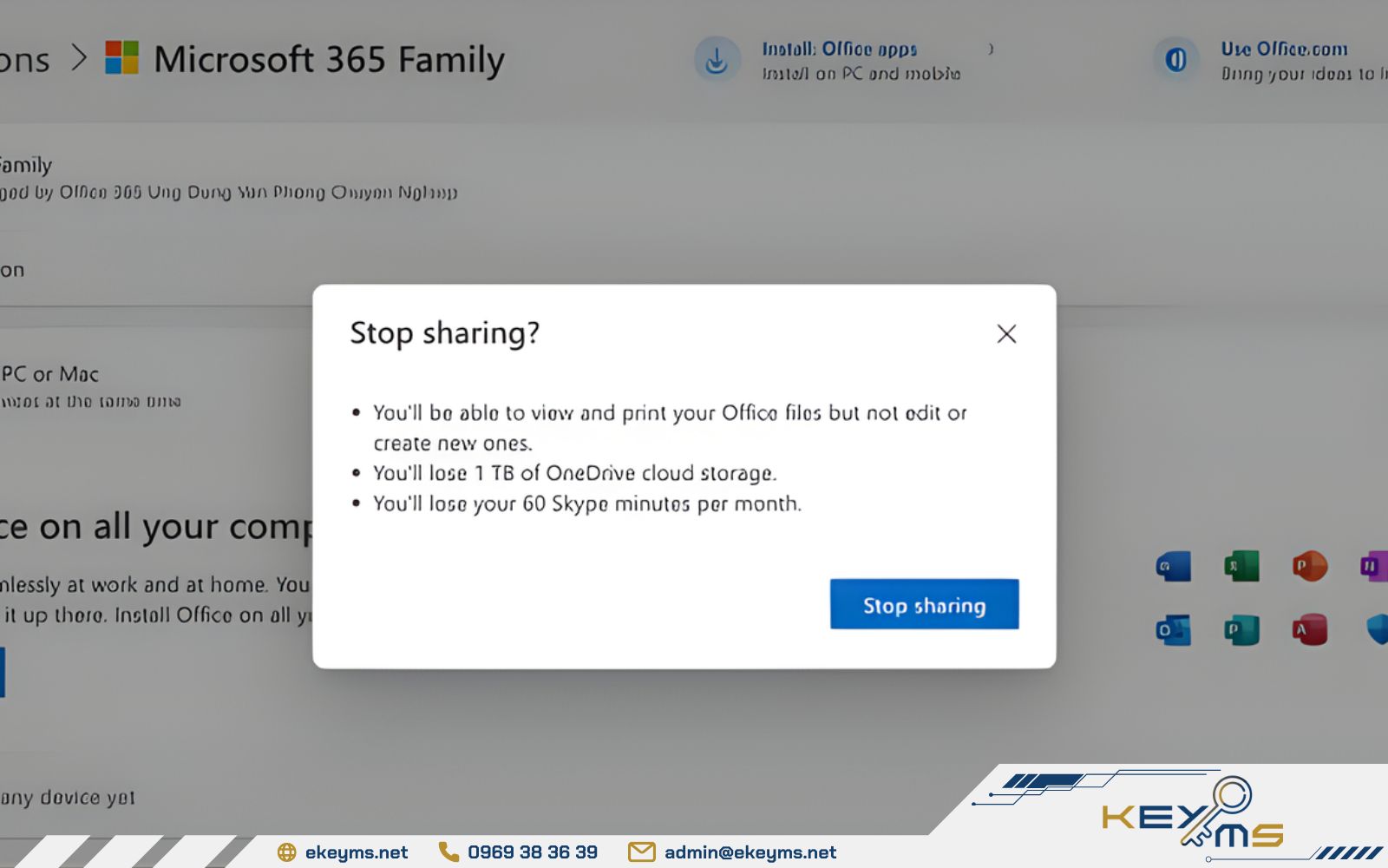 Bạn có thể ngừng chia sẻ tài khoản Office Family bất cứ lúc nào Ngừng chia sẻ Office 365 Family