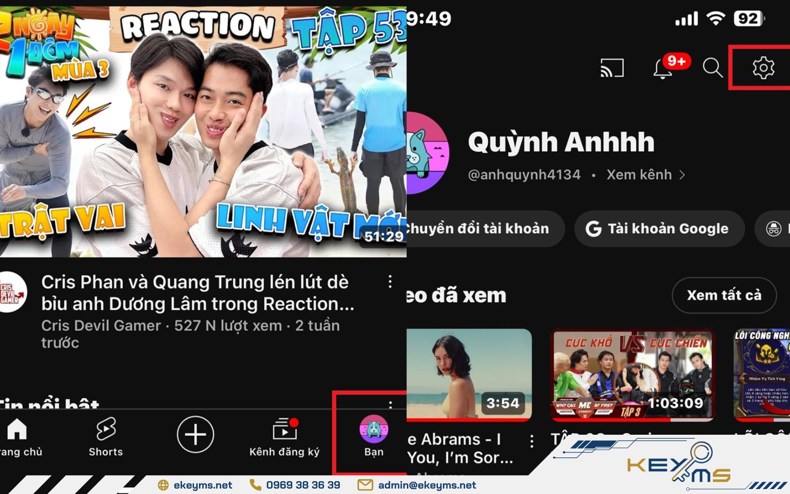 Vào phần cài đặt