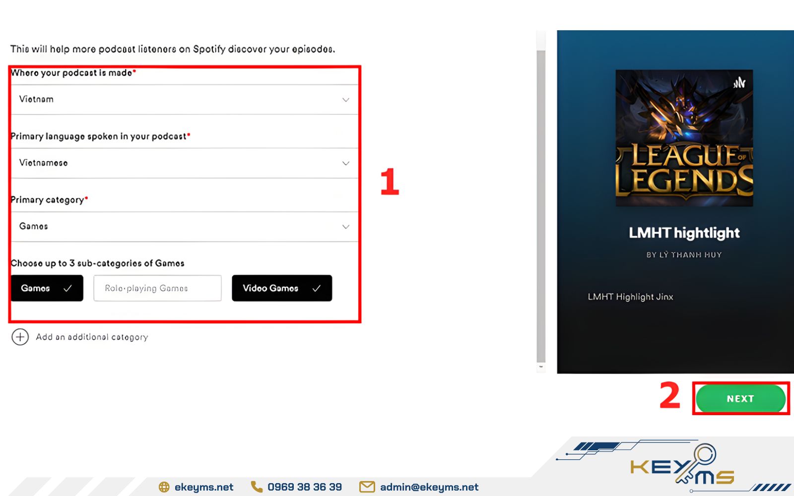 Điền các thông tin và Next